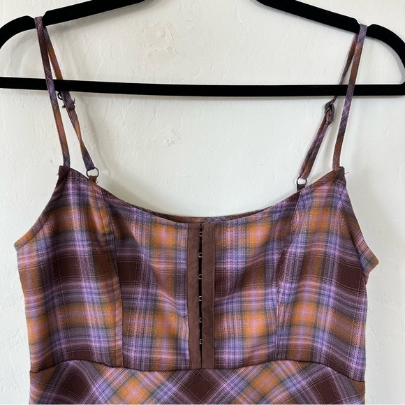 Urban Outfitters Purple Orange Brown Plaid Hook & Eye Spaghetti Strap Mini Dress - Picture 5 of 16